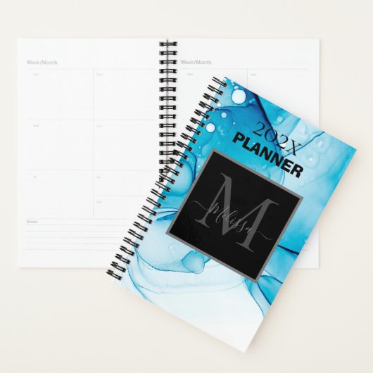Eenvoudig blauw gemarmerd monogram planner (Display)