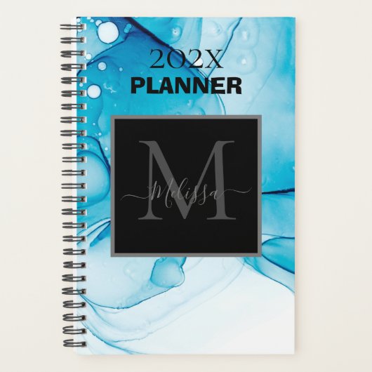 Eenvoudig blauw gemarmerd monogram planner (Voorkant)
