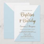 Eenvoudig Blauw Goud Doop 1e Verjaardag Uitnodigin Kaart (Voorkant / Achterkant)