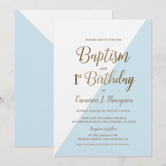 Eenvoudig Blauw Goud Doop 1e Verjaardag Uitnodigin Kaart (Voorkant / Achterkant)