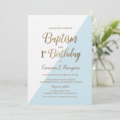 Eenvoudig Blauw Goud Doop 1e Verjaardag Uitnodigin Kaart (Staand voorkant)