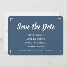 Eenvoudig blauw handgeschreven script bruiloft save the date