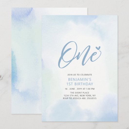 Eenvoudig blauw hart Eén eerste jongen verjaardag Kaart (Voorkant / Achterkant)