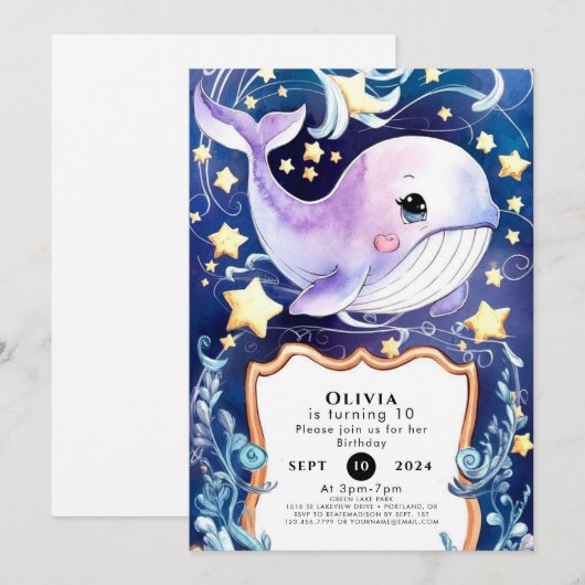 Eenvoudig Blauw Kinderen Whale Verjaardag Kaart (Voorkant / Achterkant)
