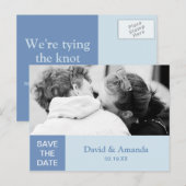 Eenvoudig blauw kleurblok paar foto Sla de datum o Aankondigingskaart (Voorkant / Achterkant)