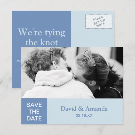 Eenvoudig blauw kleurblok paar foto Sla de datum o Aankondigingskaart (Voorkant / Achterkant)