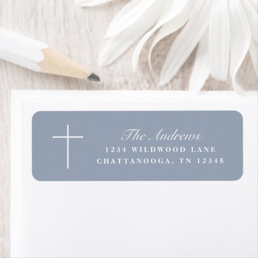 Eenvoudig Blauw Kruis Script Doop Retouradres Etiket (Insitu)