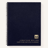 Eenvoudig blauw leder Elegant Gold Monogram Notitieboek (Voorkant)