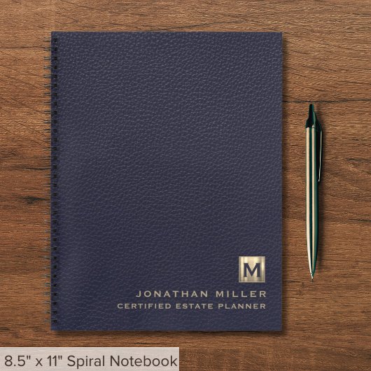 Eenvoudig blauw leder Elegant Gold Monogram Notitieboek