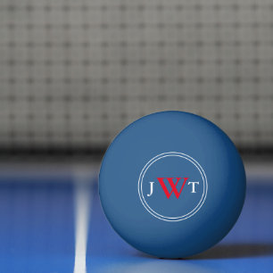 Eenvoudig blauw met rood en wit monogram pingpongbal