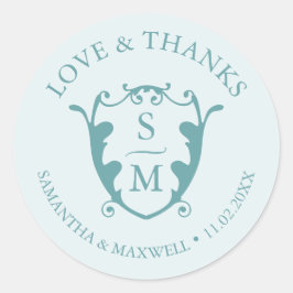 Eenvoudig Blauw Monogram Crest Dank u Bruiloft Ronde Sticker