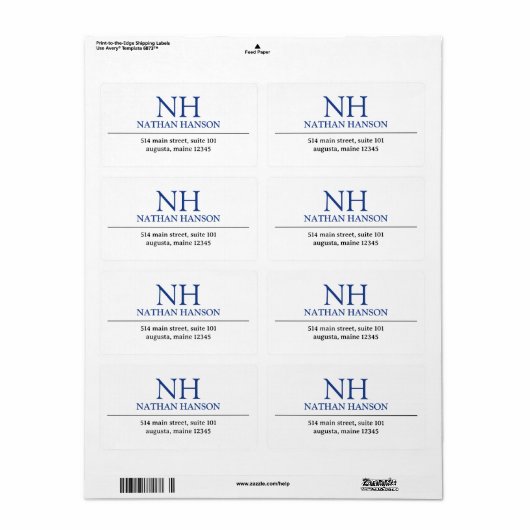 Eenvoudig blauw monogram modern etiket (Full Sheet)