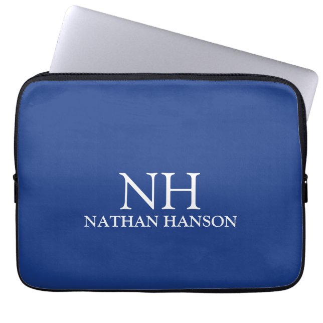 Eenvoudig blauw monogram modern laptop sleeve (Voorkant)