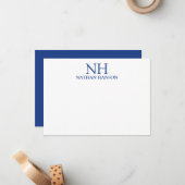 Eenvoudig blauw monogram modern notitiekaartje (Voorkant / Achterkant in situ)