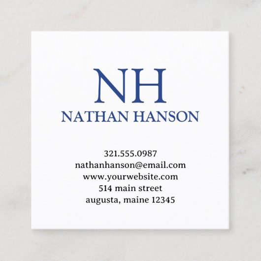 Eenvoudig blauw monogram modern vierkante visitekaartje (Voorkant)