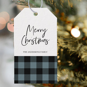 Eenvoudig Blauw Plaid & Merry Christmas Gift Label Cadeaulabel