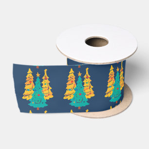 Eenvoudig Blauw retro Kerstboom Patroon Satijnen Lint