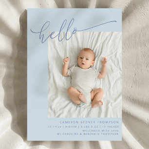 Eenvoudig Blauw Schrift Cute Hallo Baby Twee Foto  Aankondiging