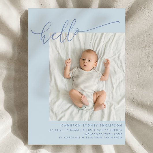 Eenvoudig Blauw Schrift Cute Hallo Baby Twee Foto Aankondiging