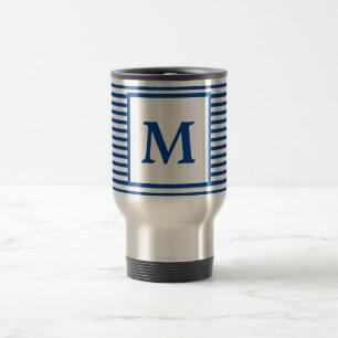 Eenvoudig Blauw Strepen en Monogram Reisbeker