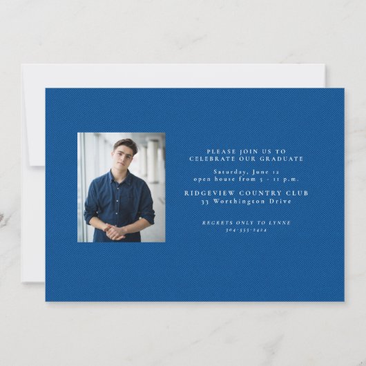 Eenvoudig blauw tweed lijst classic foto afstudere aankondiging (Achterkant)