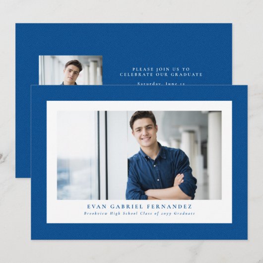 Eenvoudig blauw tweed lijst classic foto afstudere aankondiging (Voorkant / Achterkant)