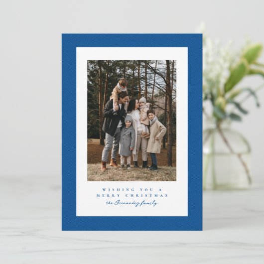 Eenvoudig blauw tweed lijst kerstfoto feestdagenkaart (Staand voorkant)