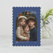 Eenvoudig blauw vrolijk kerstscript foto geschulpt feestdagenkaart (Staand voorkant)