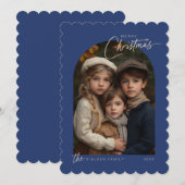 Eenvoudig blauw vrolijk kerstscript foto geschulpt feestdagenkaart (Voorkant / Achterkant)