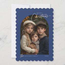 Eenvoudig blauw vrolijk kerstscript foto geschulpt feestdagenkaart