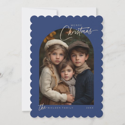 Eenvoudig blauw vrolijk kerstscript foto geschulpt feestdagenkaart (Voorkant)