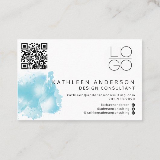 Eenvoudig blauw Waterverf Visitekaartje met QR-cod (Achterkant)