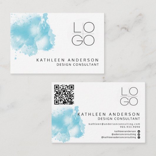 Eenvoudig blauw Waterverf Visitekaartje met QR-cod (Voorkant / Achterkant)