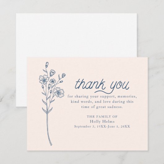Eenvoudig blauw Wildflower Sympathie Dank u Noteca Bedankkaart (Voorkant / Achterkant)