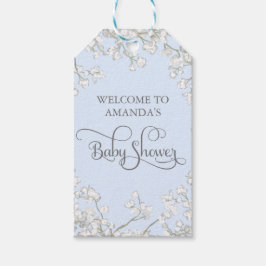 Eenvoudig Blauw Wit Bloemen Script Boy Baby shower Cadeaulabel