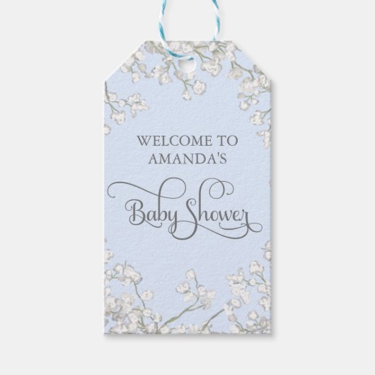 Eenvoudig Blauw Wit Bloemen Script Boy Baby shower Cadeaulabel (Voorkant)