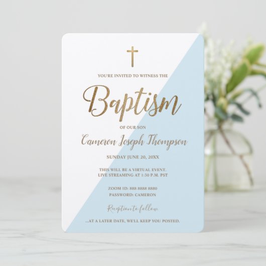 Eenvoudig Blauw Wit Goud Kruis Virtuele Doop Kaart (Staand voorkant)
