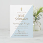 Eenvoudig Blauw Wit Goud Modern Eerste Communie Kaart (Staand voorkant)