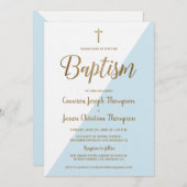 Eenvoudig blauw wit goud moderne baptisme uitnodig kaart (Voorkant / Achterkant)
