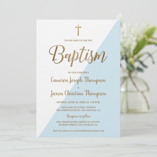 Eenvoudig blauw wit goud moderne baptisme uitnodig kaart (Staand voorkant)