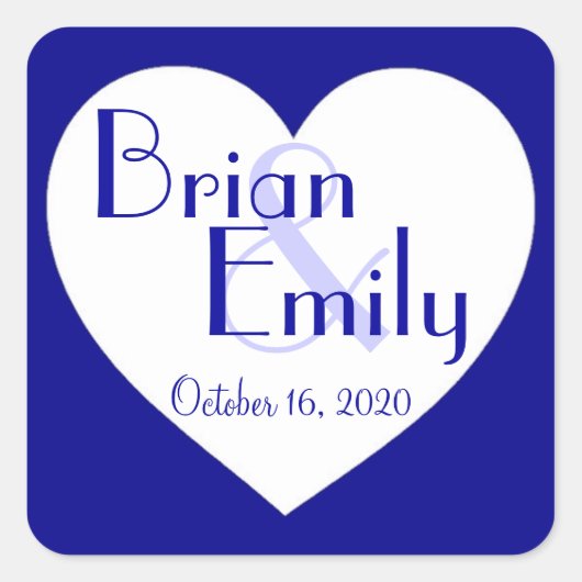 Eenvoudig blauw wit hart aangepaste bruiloft stick vierkante sticker (Voorkant)