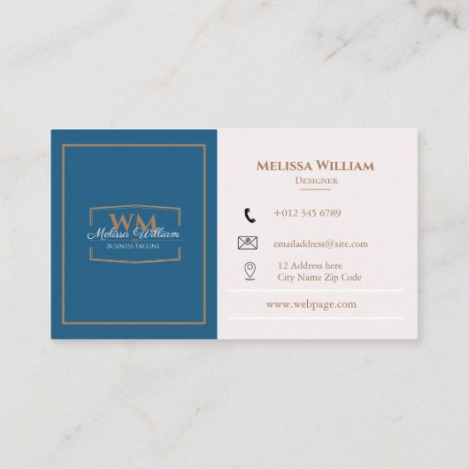 Eenvoudig Blauw Wit Monogram Visitekaartje (Achterkant)