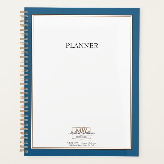 Eenvoudig Blauw Wit Monogram Zaken Planner (Voorkant)