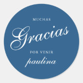 Eenvoudig Blauw Wit Quinceañera Gracias Script Naa Ronde Sticker (Voorkant)