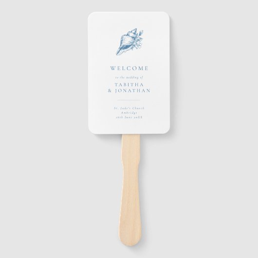 Eenvoudig blauw zeeschelp huwelijksprogramma handwaaier (Voorkant)