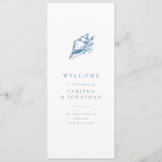 Eenvoudig blauw  zeeschelp huwelijksprogramma programmakaart (Voorkant)