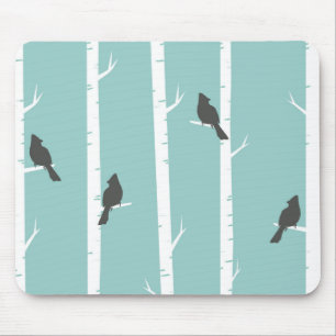 Eenvoudig Blauwgroen Blauw Bird Birch Bomen Patroo Muismat