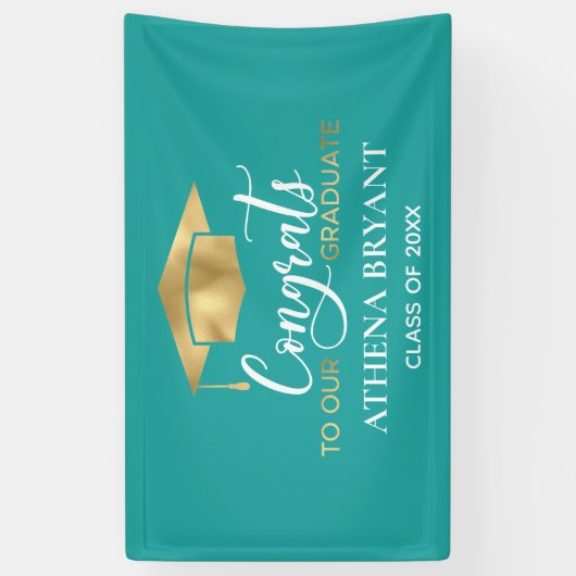 Eenvoudig Blauwgroen Gold-Afstuderen Spandoek (Verticaal)