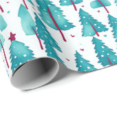 Eenvoudig Blauwgroen Rode Winter Pine Waterverf Pa Cadeaupapier (Rol Hoek)