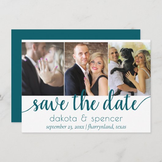Eenvoudig Blauwgroen script | Dark Midnight Green  Save The Date (Voorkant / Achterkant)
